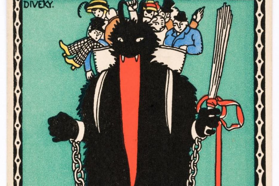 Eine Illustration von Krampus, der eine Kette trägt und von einer Menschenmenge umgeben ist.