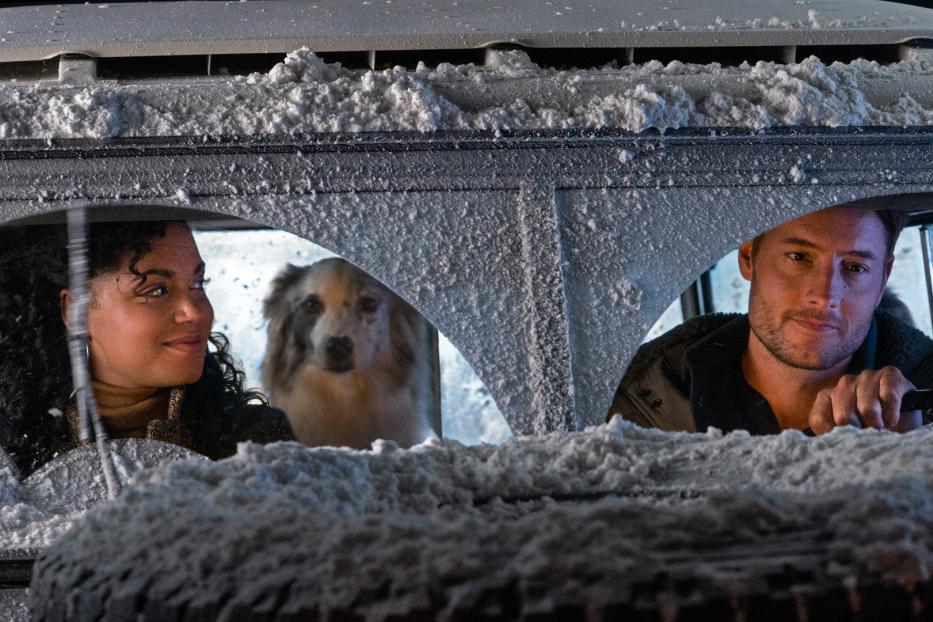 Ein Mann, eine Frau und ein Hund sitzen in einem verschneiten Auto.