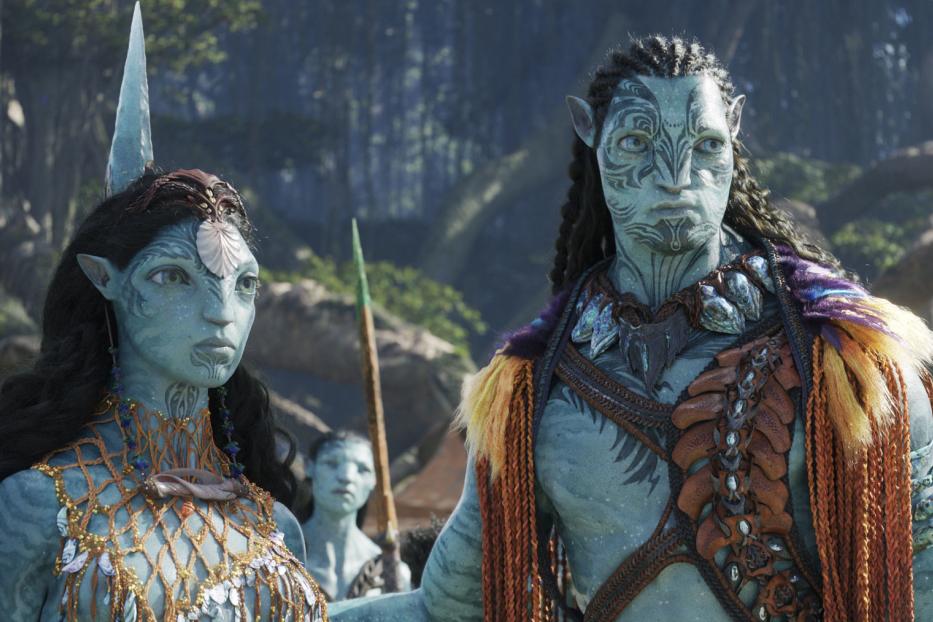 Zwei Na'vi-Charaktere aus dem Film „Avatar“ stehen vor einem Wald.