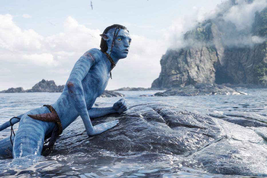 Ein Na'vi-Charakter liegt auf einem Felsen im Wasser, im Hintergrund eine felsige Küstenlinie.