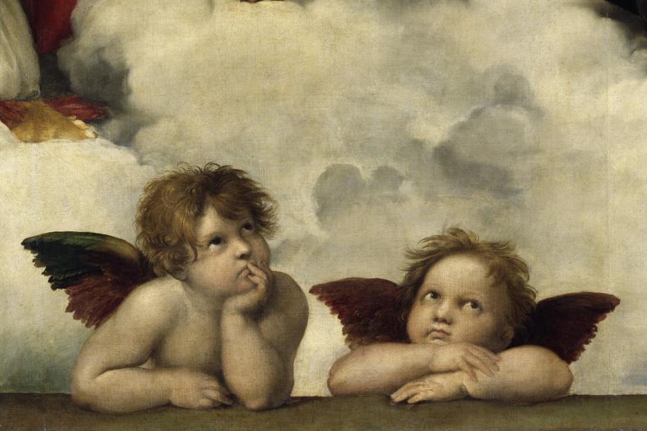 Zwei geflügelte Putten aus Raffaels „Sixtinischer Madonna“ lehnen auf einer Wolke.