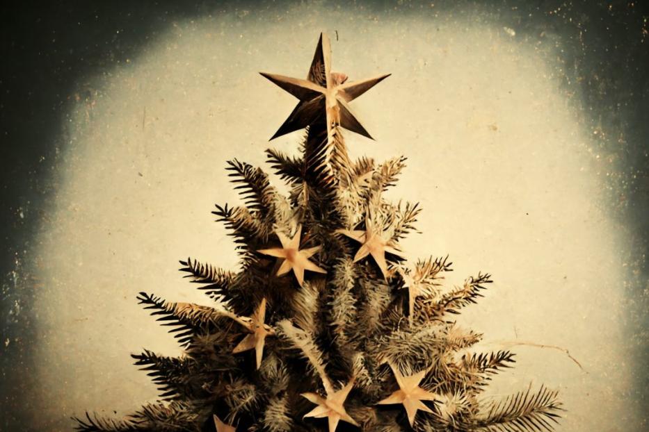 Ein kleiner, rustikaler Weihnachtsbaum mit Sternen geschmückt.