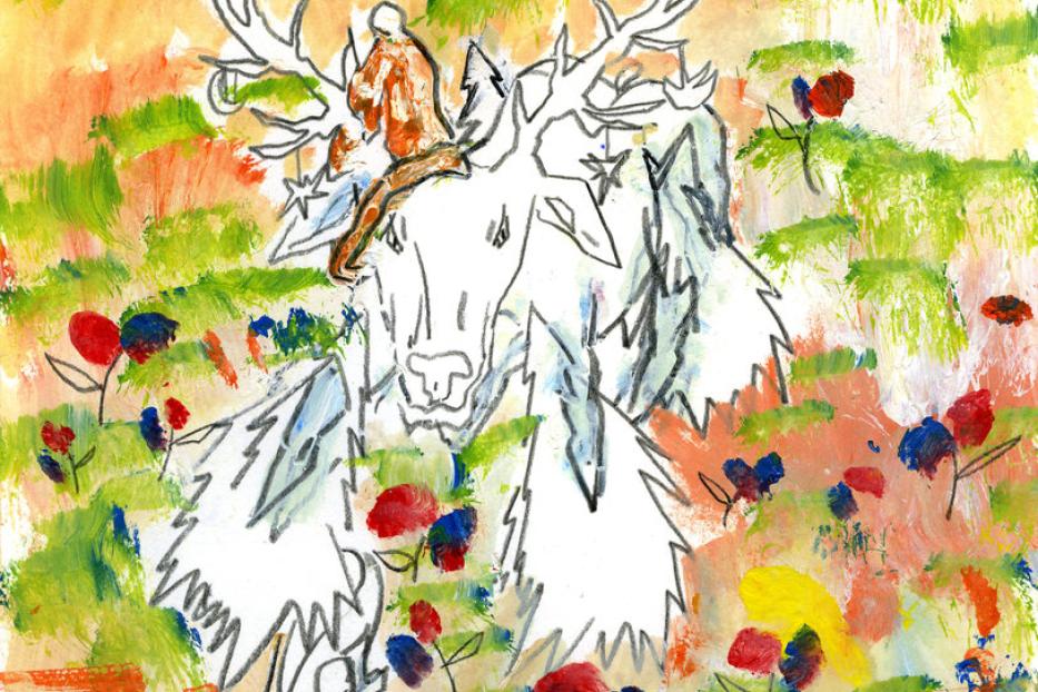 Ein Mann reitet auf einem Hirsch in einer bunten, floralen Landschaft.