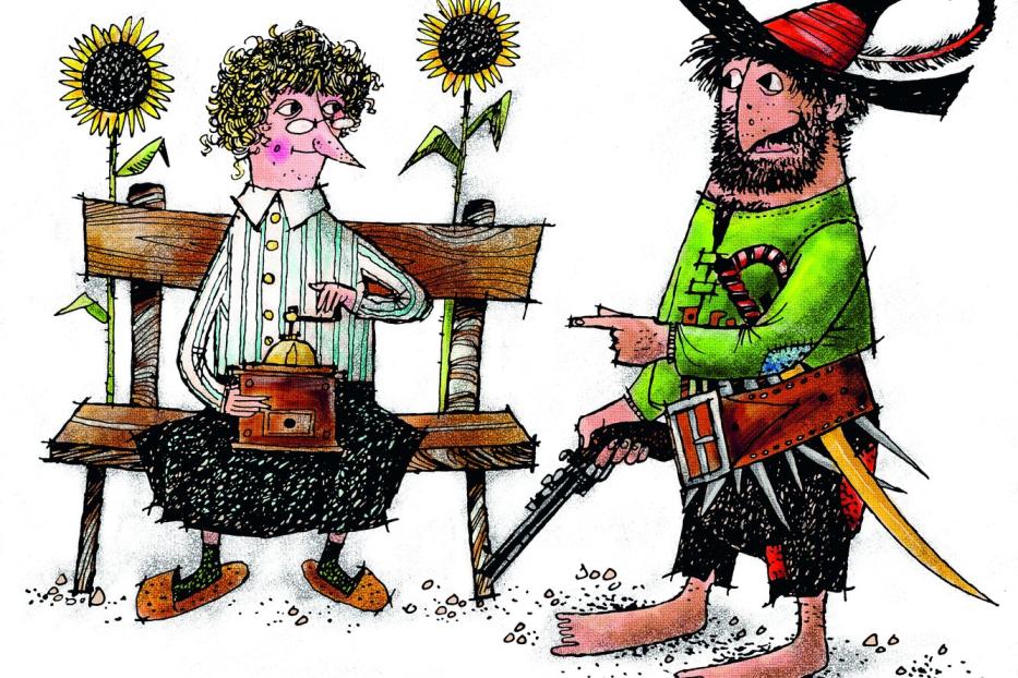 Großmutter und Räuber Hotzenplotz in einer Illustration von Otfried Preußler.