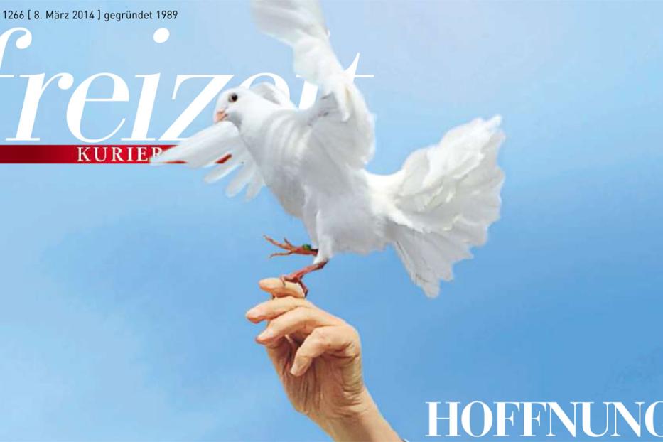Eine weiße Taube landet auf der Hand einer Person vor blauem Himmel.