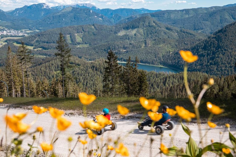 Zwei Personen fahren mit Mountaincarts auf einer Schotterstraße vor einer Bergkulisse.