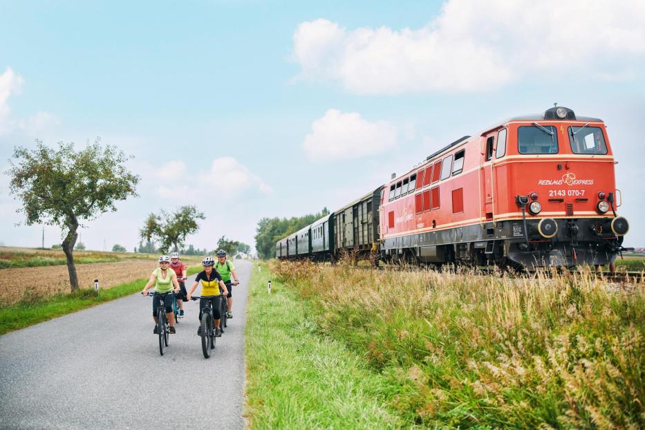 Ein Zug fährt auf den Gleisen entlang, umgeben von einer ländlichen Landschaft.