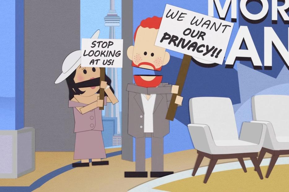 Die South-Park-Figuren von Meghan und Harry demonstrieren für ihre Privatsphäre.
