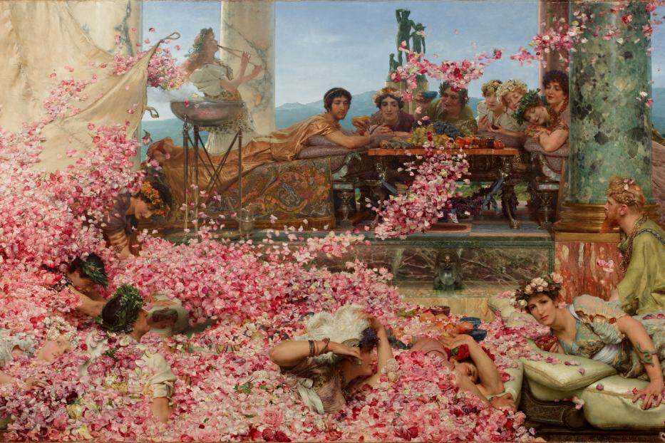 Das Gemälde „Die Rosen von Heliogabal“ zeigt ein dekadentes Fest, bei dem die Gäste unter Rosenblättern ersticken.
