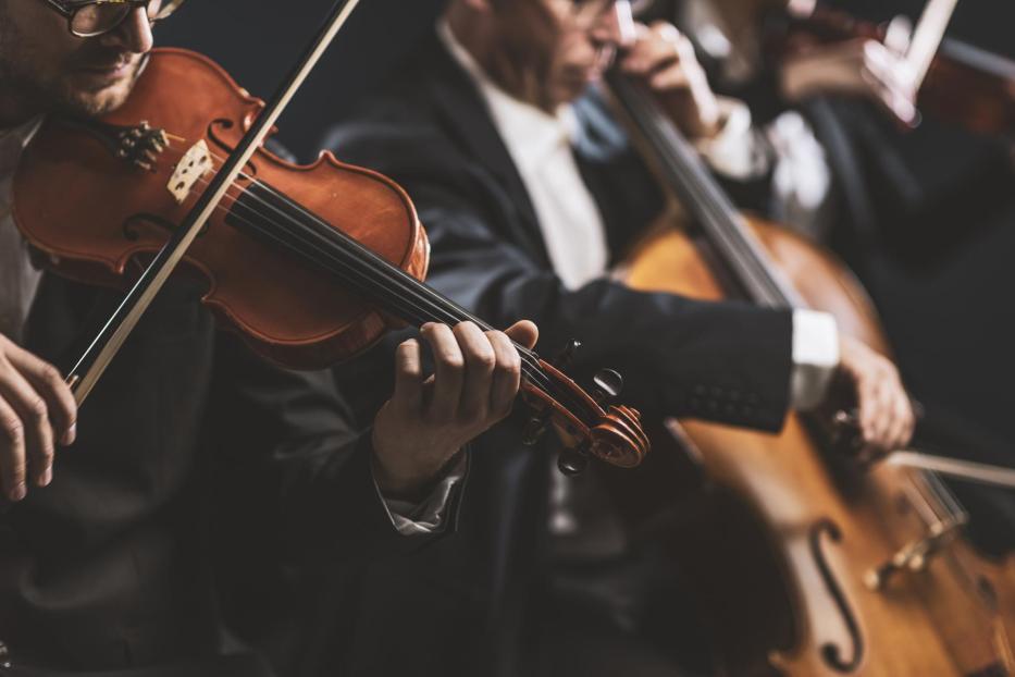 Ein Geiger spielt in einem Orchester.