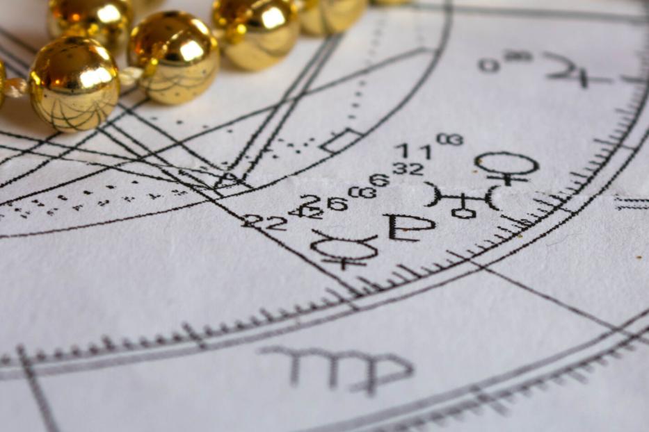 Detail of an natal chart with astrological planets, Christmas decoration background