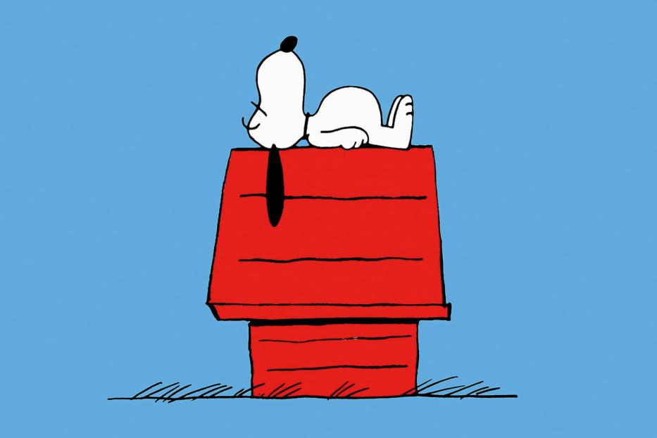 Snoopy liegt auf seiner roten Hundehütte.