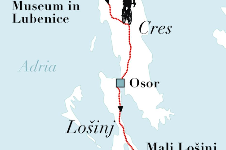 Eine Karte von Cres und Lošinj in Kroatien mit Sehenswürdigkeiten und einer Radroute.