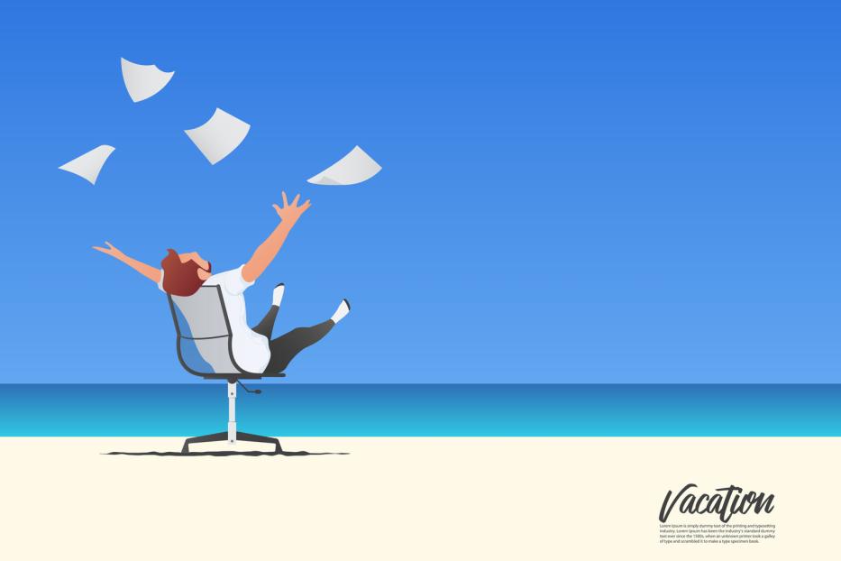 Ein Mann sitzt auf einem Bürostuhl am Strand und wirft Papiere in die Luft.