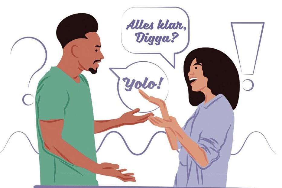 Ein Mann fragt eine Frau „Alles klar, Digga?“, woraufhin sie mit „Yolo!“ antwortet.