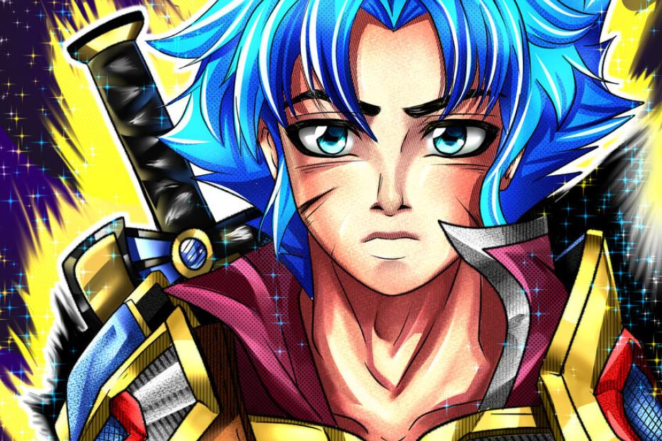 Ein Anime-Krieger mit blauen Haaren und Rüstung vor einem sternenklaren Hintergrund.