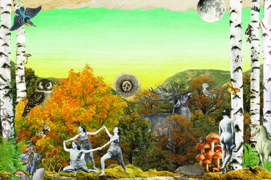 Eine Collage mit tanzenden Frauen, Tieren und Pflanzen in einer Waldlandschaft.