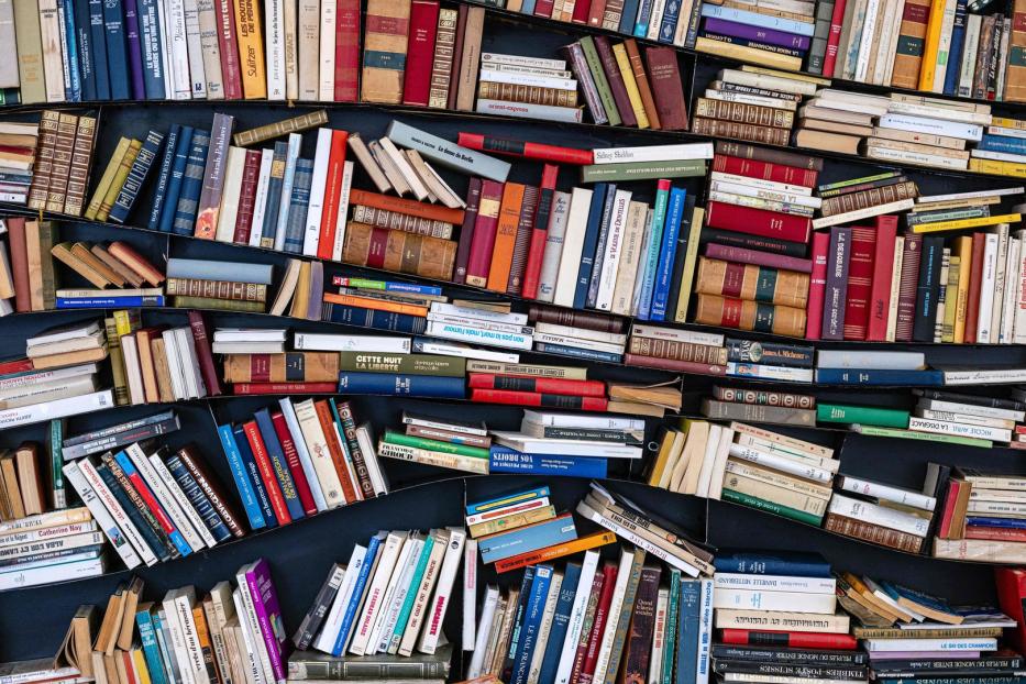 Ein Regal voller dicht an dicht gestapelter Bücher unterschiedlicher Größe und Farbe.