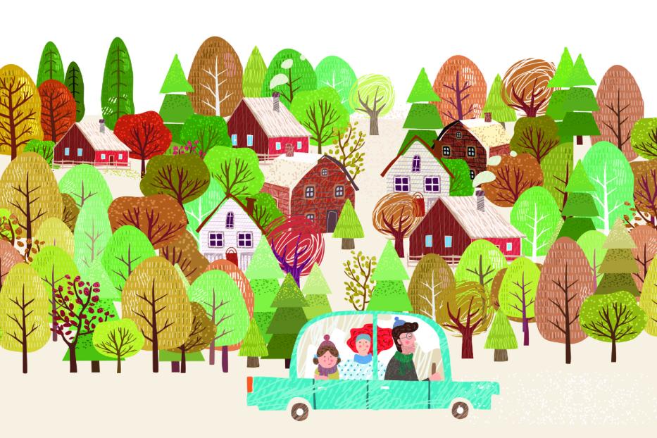 Eine Familie fährt mit einem blauen Auto durch eine Waldlandschaft mit Häusern.