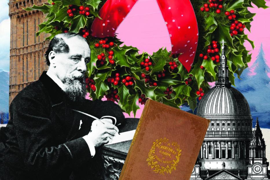 Eine Collage mit Charles Dickens, dem Big Ben, der St Paul's Kathedrale und einem Weihnachtskranz.