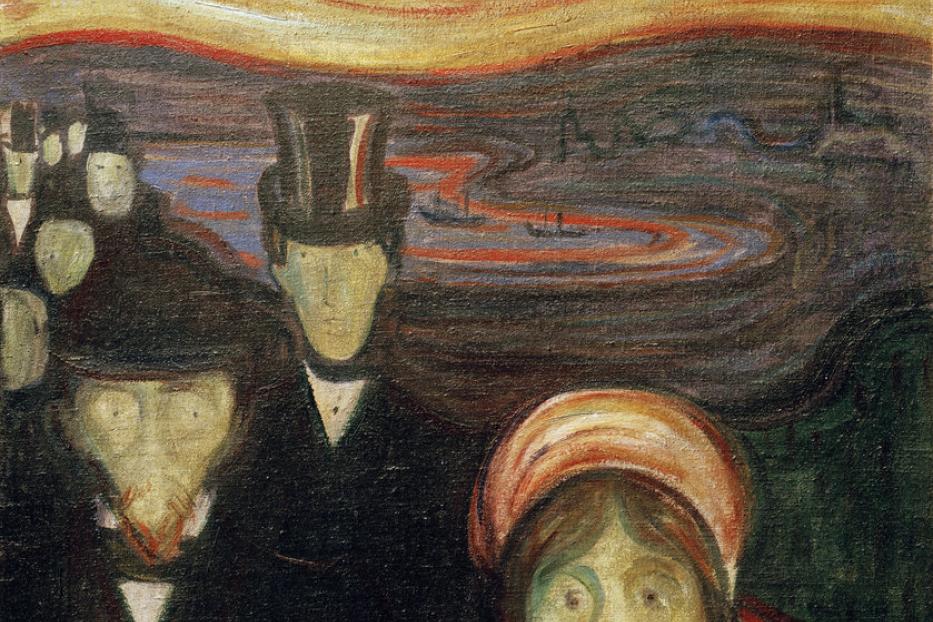 Das Gemälde „Melancholie“ von Edvard Munch zeigt eine Frau mit Männern unter einem roten Himmel.