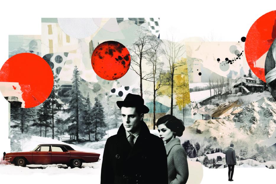 Eine Collage mit Paaren in Winterkleidung vor einer verschneiten Landschaft.