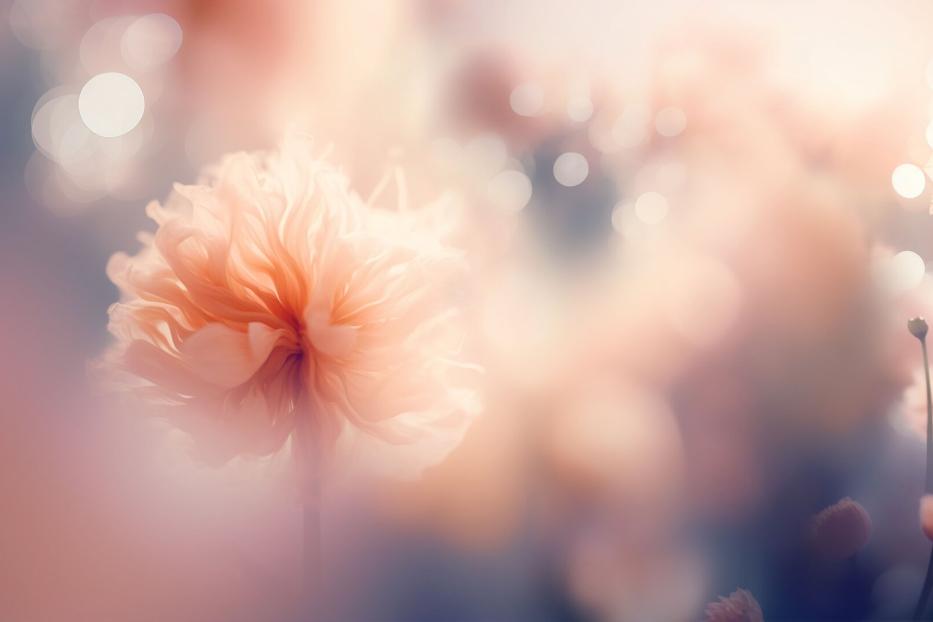 Eine Nahaufnahme einer zarten, pfirsichfarbenen Blume mit Bokeh-Effekt im Hintergrund.