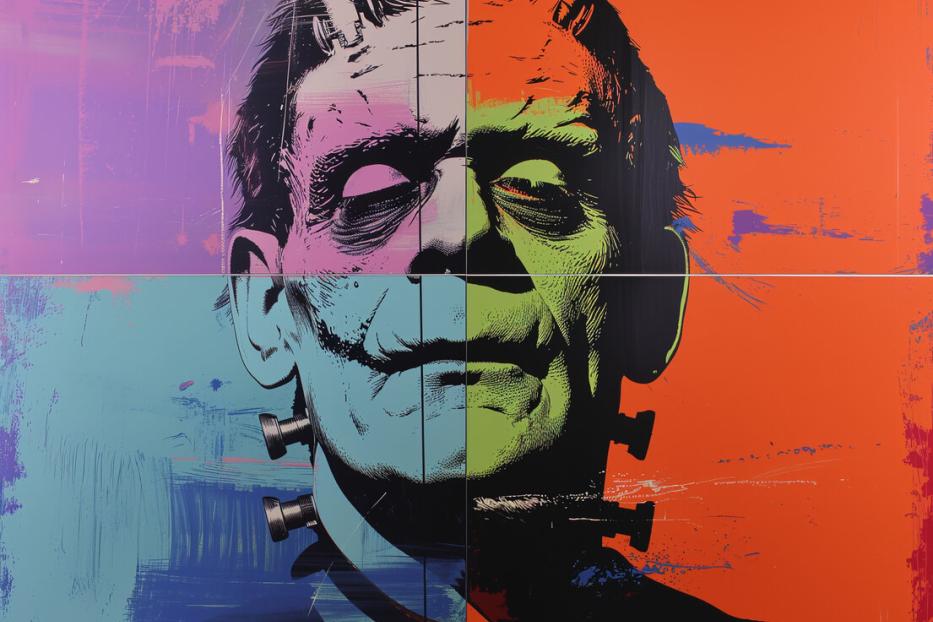 Ein Pop-Art-Porträt von Frankensteins Monster in vier Farbvarianten.