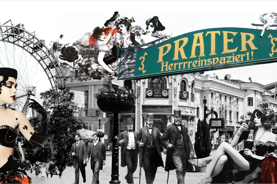 Eine Collage mit Elementen des Wiener Praters, darunter das Riesenrad und historische Figuren.
