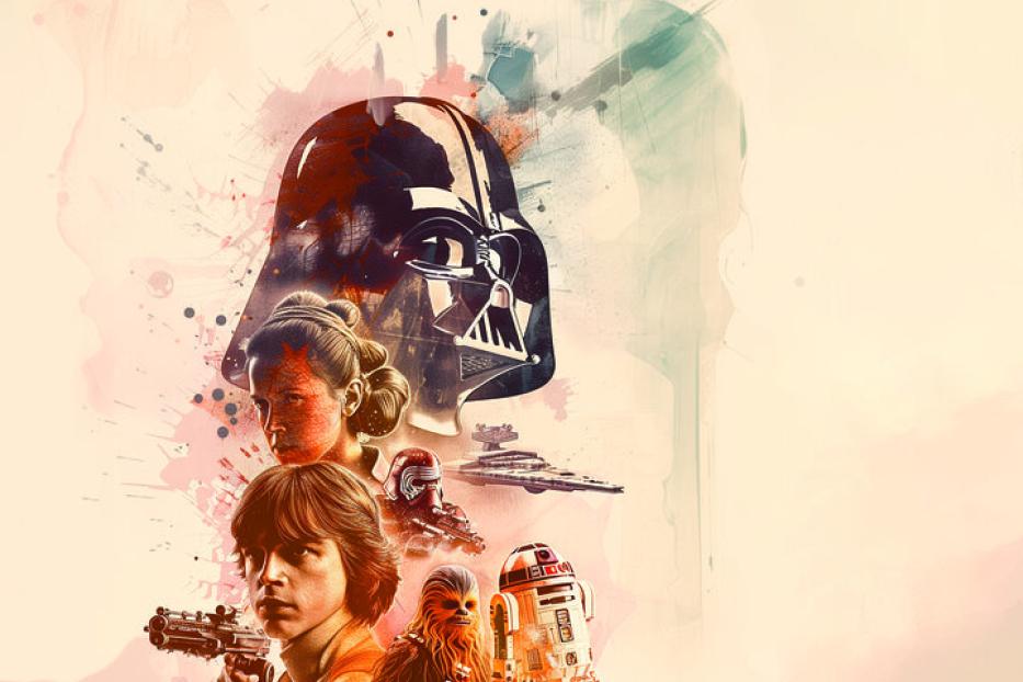 Eine künstlerische Darstellung von Charakteren und Elementen aus dem „Star Wars“-Universum.