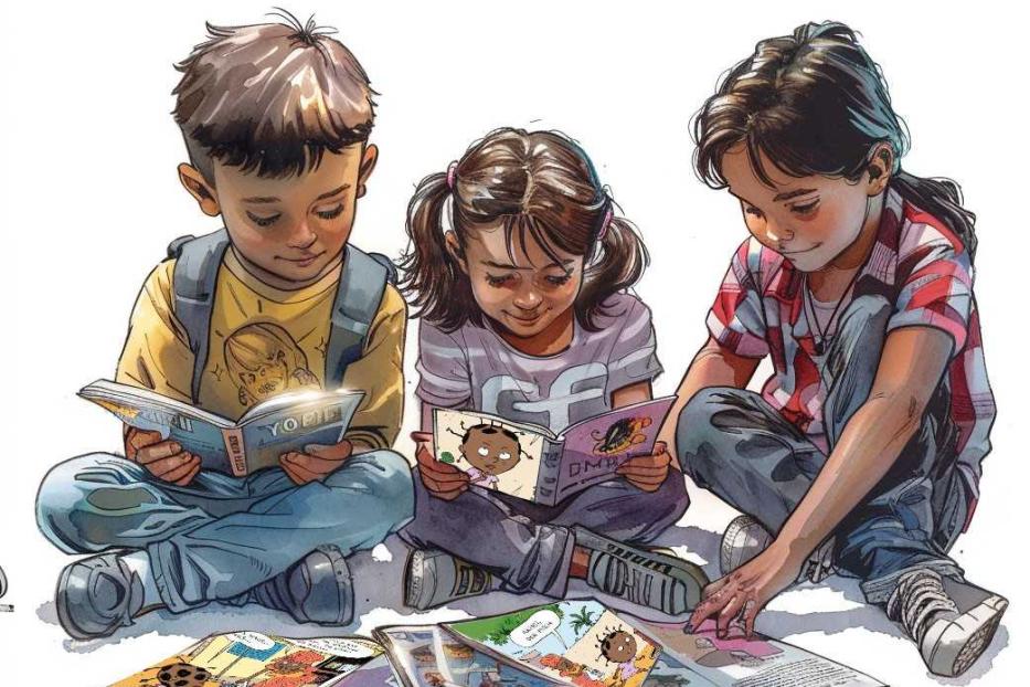 Drei Kinder sitzen am Boden und blättern interessiert durch Comic-Bücher.