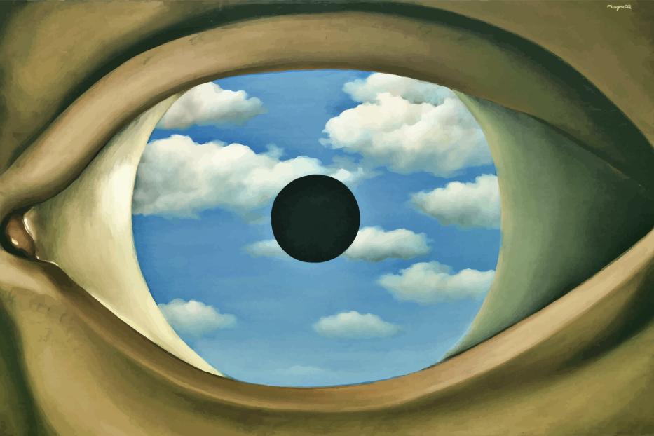 Das Gemälde „Der falsche Spiegel“ von René Magritte zeigt ein Auge, in dem sich ein Himmel mit Wolken spiegelt.