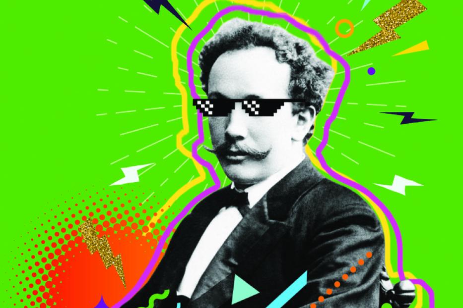 Ein Porträt von Richard Strauss mit Pixel-Sonnenbrille, umgeben von bunten Grafikelementen.