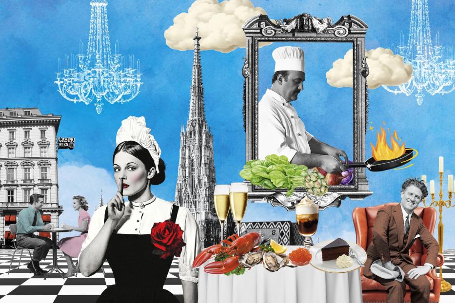 Eine Collage mit Elementen aus Wien, darunter Stephansdom, Casino, Kellnerin, Koch, Hummer und Sachertorte.