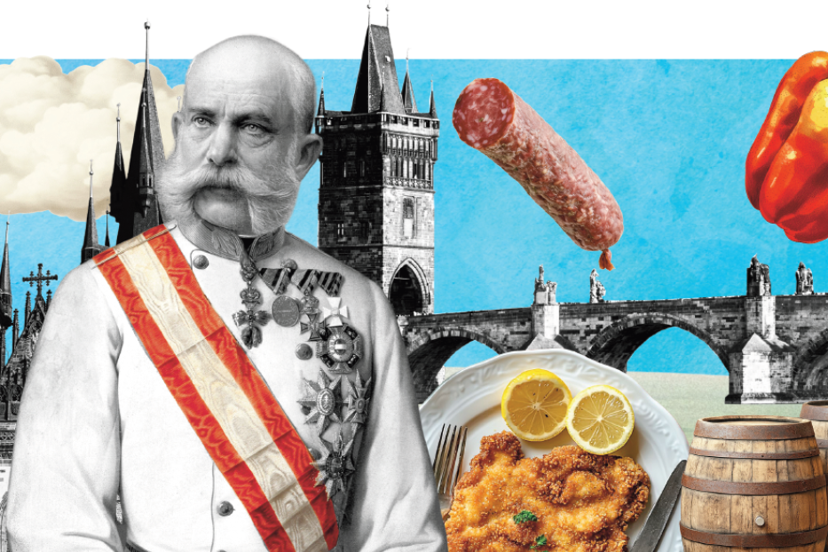 Bildmontage aus Kaiser Franz Joseph, Schnitzel und der Prager Karlsbrücke.