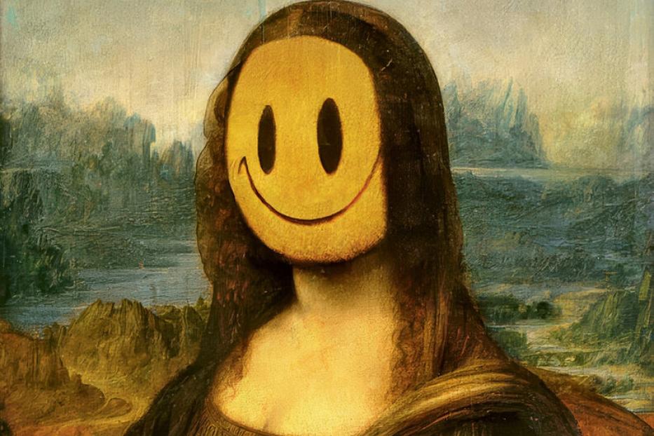 Eine humorvolle Version der Mona Lisa mit einem gelben Smiley-Gesicht.