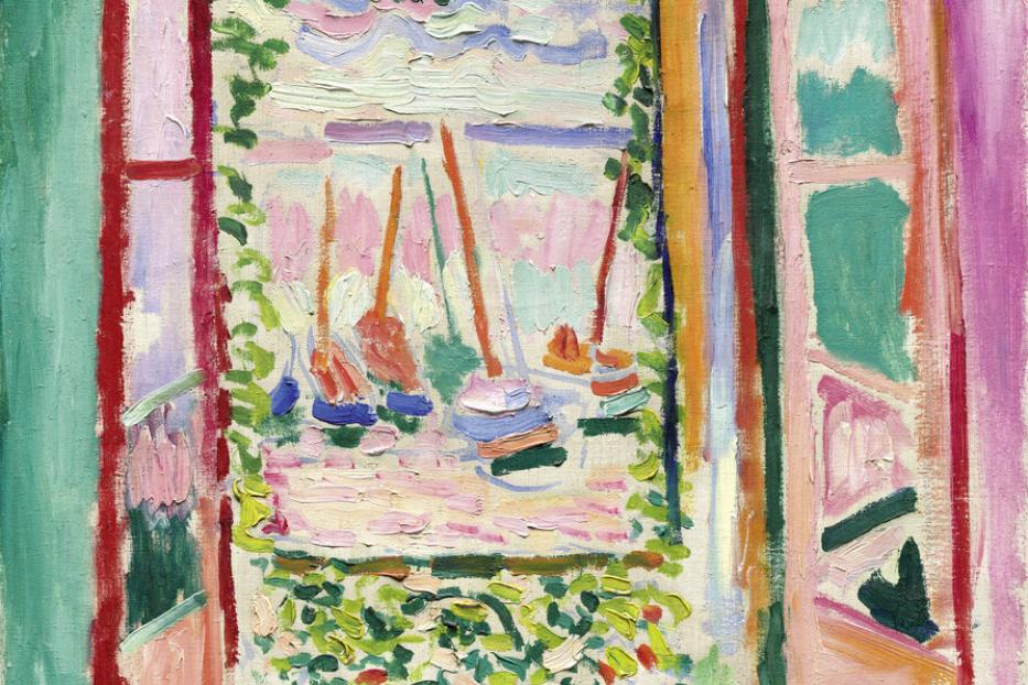 Ein offenes Fenster mit Blick auf Segelboote auf dem Wasser, gemalt von Henri Matisse.