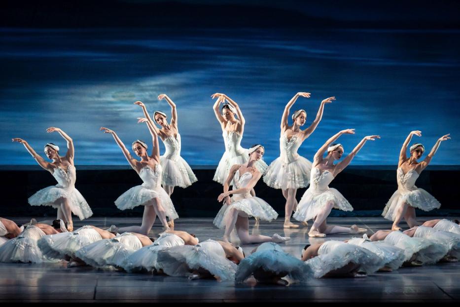 Eine Bühne: Balletttänzerinnen im Tutu stehen, knien und liegen am Boden und bilden Schwäne nach.