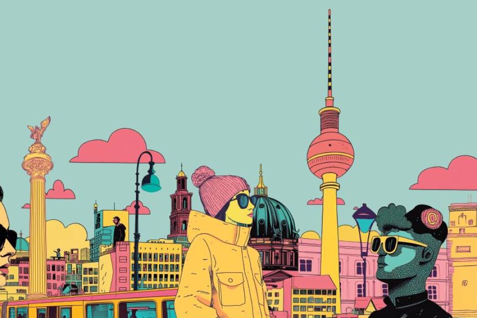 Berliner Sehenswürdigkeiten wie Fernsehturm, Dom und Siegessäule. Davor stehen junge, coole Menschen mit Sonnenbrillen.