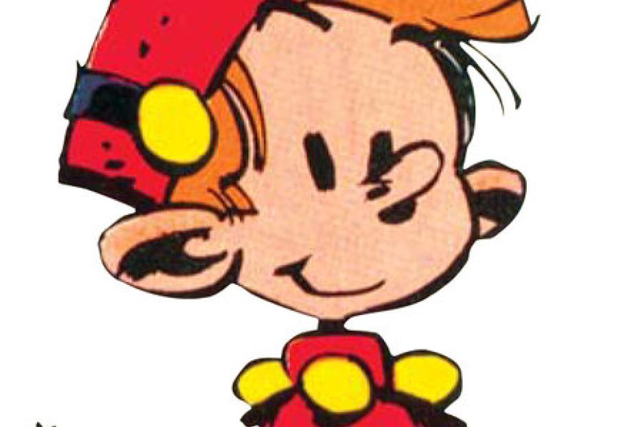 Der Comic-Held Spirou liest eine Zeitung.