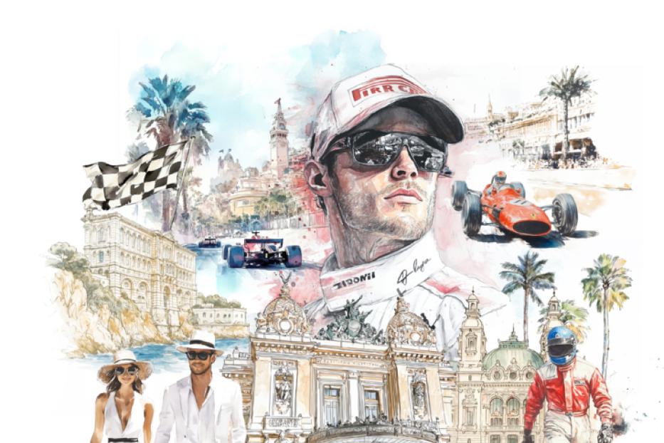 Eine Collage mit Elementen des Formel-1-Rennens in Monaco, darunter Rennwagen und das Casino.