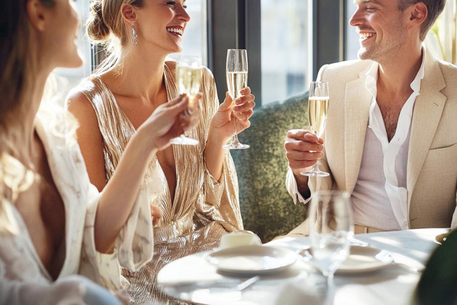 Drei Personen sitzen an einem Tisch und stoßen mit Champagnergläsern an.