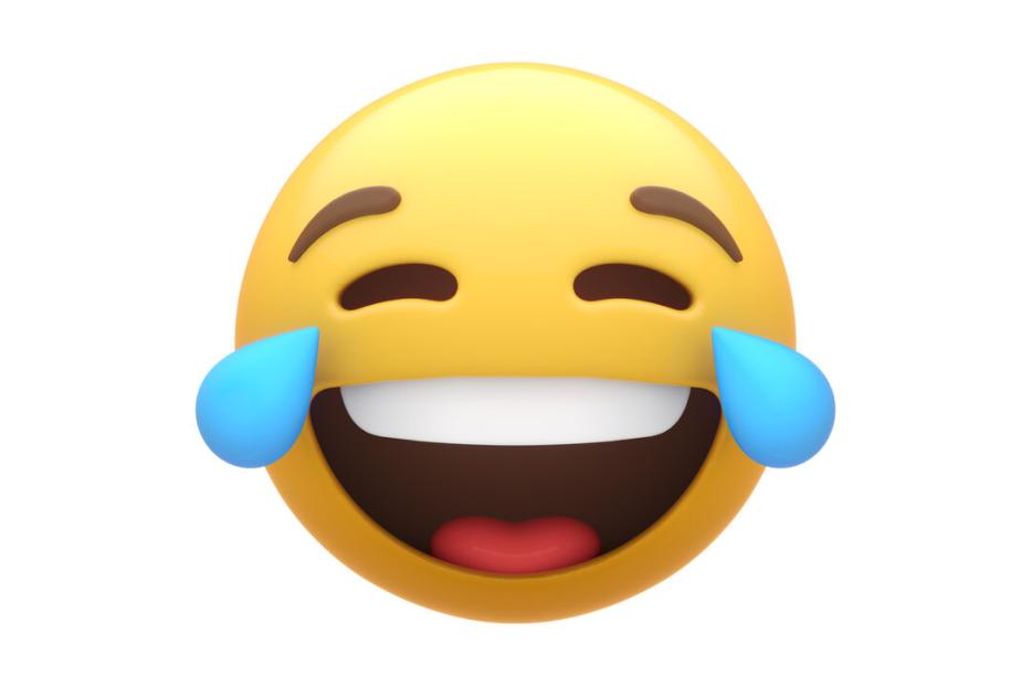 Ein gelbes Smiley mit Tränen lacht laut.