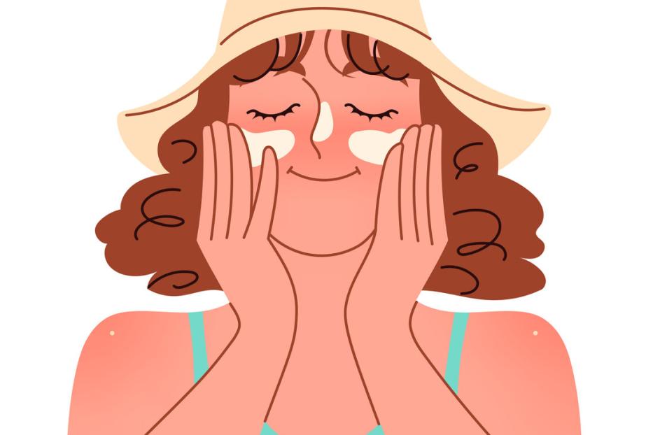 Eine Frau trägt Sonnenschutzmittel auf ihr Gesicht auf, um sich vor der Sonne zu schützen.