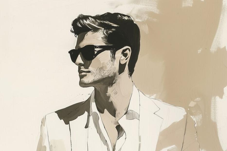 Ein Mann mit Sonnenbrille und weißem Anzug steht vor einer Wand.