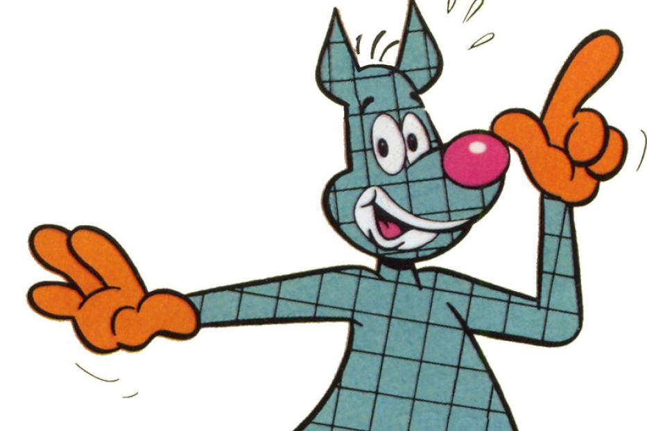 Ein blau karierter Cartoon-Hund mit roter Nase tanzt fröhlich.