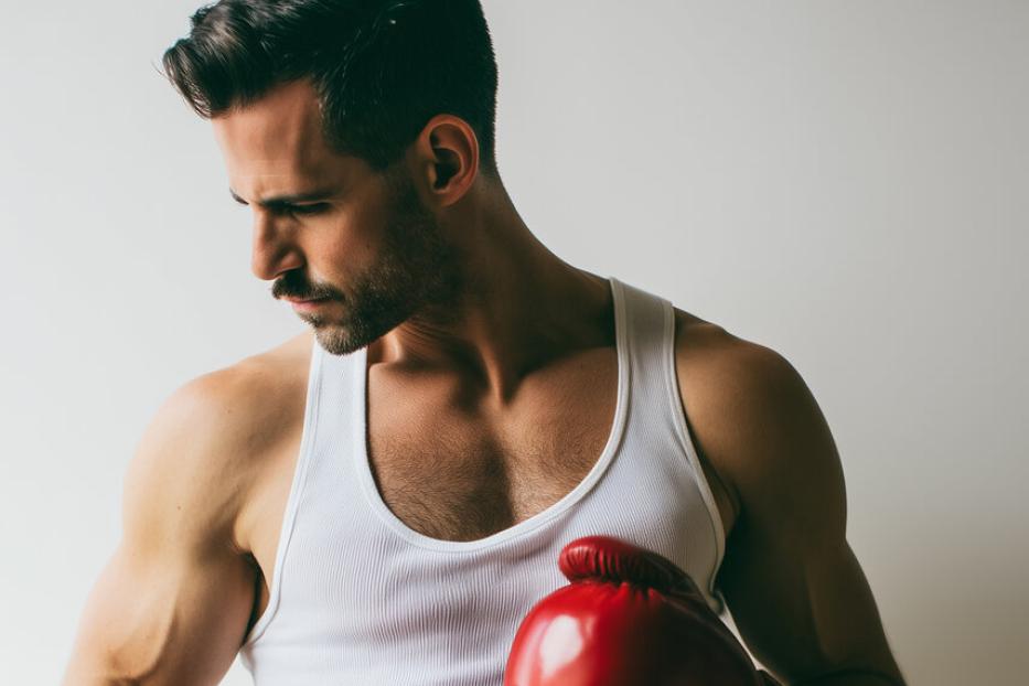 Ein Mann mit Boxhandschuhen und roter Hose blickt nach unten.