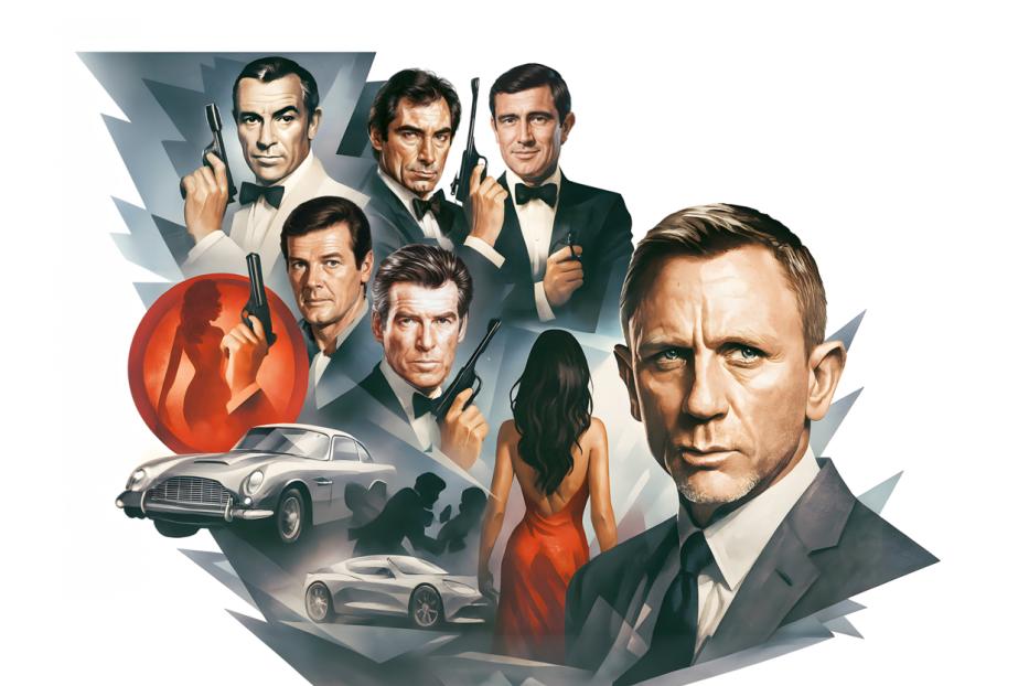 Eine Collage verschiedener James-Bond-Darsteller, Autos und einer Frau im roten Kleid.