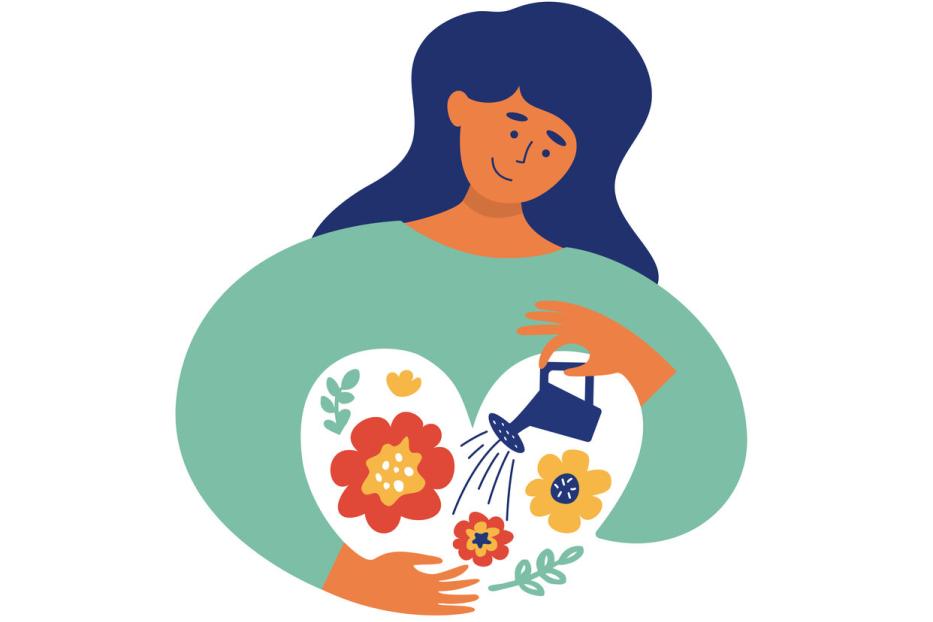 Vector illustration of self love with young woman irrigating and growing flowers in inner garden