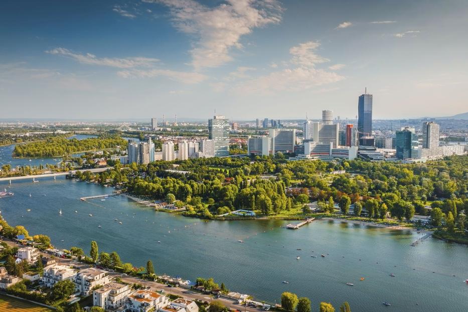 Aerial View of Vienna¸Äôs Modern Skyline and Danube River